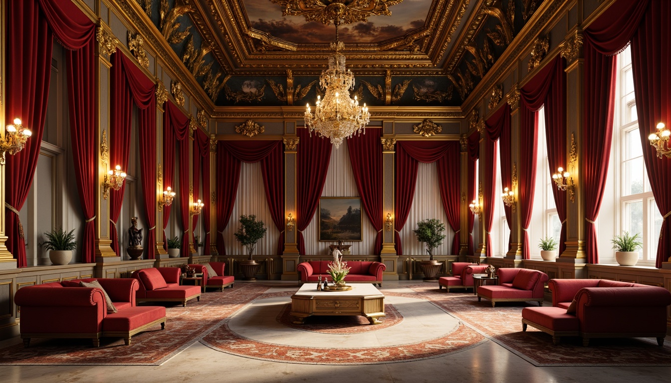 Prompt: Opulent Baroque palace, rich velvet drapes, ornate golden frames, luxurious marble floors, grandiose chandeliers, lavish furnishings, regal red and gold accents, intricate patterns, ornamental details, warm candlelight, dramatic shadows, high contrast lighting, 1/1 composition, symmetrical arrangement, realistic textures, ambient occlusion.