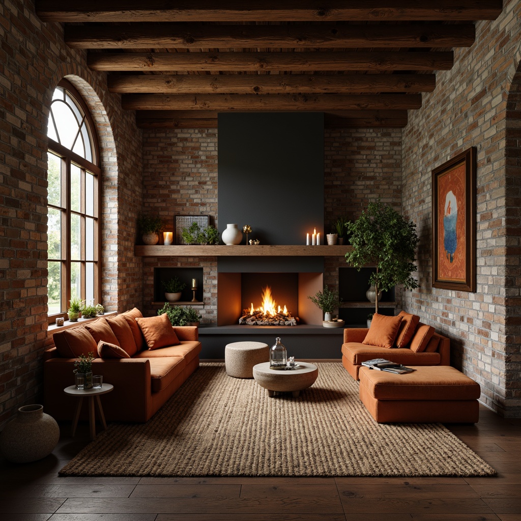 Prompt: Reclaimed wooden planks, distressed metal accents, earthy stone walls, cozy fireplace, plush velvet upholstery, natural woven fibers, rustic wooden beams, vintage decorative items, warm candlelight, soft ambient glow, shallow depth of field, 1/1 composition, intimate atmospheric lighting, realistic textures, ambient occlusion.