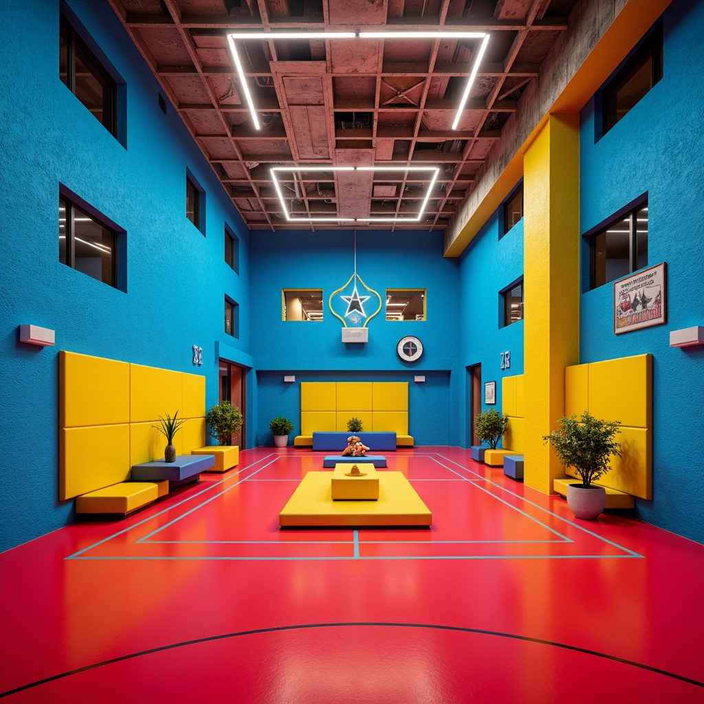 Prompt: Vibrant gymnasium interior, postmodernist architecture style, bold neon hues, electric blue walls, bright yellow accents, deep red flooring, metallic silver equipment, industrial concrete textures, geometric patterned ceilings, eclectic mix of materials, retro-futuristic vibe, high-contrast lighting, dramatic shadows, abstract artistic elements, dynamic composition, 1/1 aspect ratio, cinematic atmosphere, warm and cool color harmony.