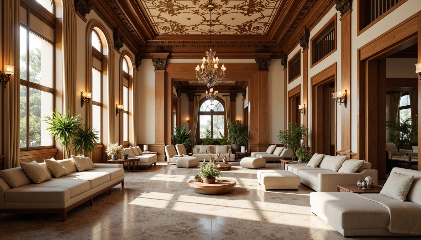 Prompt: Elegant neoclassical interior, rich wood tones, ornate moldings, luxurious fabrics, subtle cream hues, soft beige accents, warm golden lighting, intricate patterns, carved furniture, majestic columns, grand chandeliers, refined marble floors, sophisticated color blocking, 2/3 composition, shallow depth of field, natural textures, ambient occlusion.