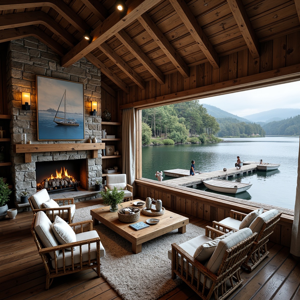 Prompt: Rustic boathouse, wooden docks, serene lake views, plush nautical-themed furniture, vintage sailing decor, distressed wood accents, natural stone fireplaces, cozy throw blankets, warm ambient lighting, shallow depth of field, 1/1 composition, panoramic view, realistic textures, ambient occlusion, eclectic mix of antique and modern pieces, reclaimed wood coffee tables, woven wicker armchairs, nautical rope details, soft blue and white color palette, lake-inspired artwork.