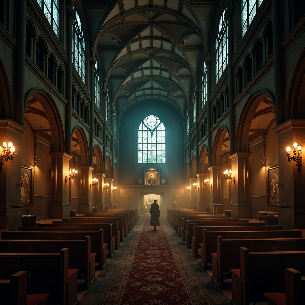 Prompt: Dark mysterious ambiance, ornate gothic architecture, vaulted ceilings, ribbed arches, stained glass windows, grand chandeliers, warm golden lighting, soft candlelight, dramatic shadows, intricate carvings, luxurious velvet fabrics, rich wood tones, mystical atmosphere, eerie silence, foggy mist, subtle color grading, cinematic composition, shallow depth of field, atmospheric perspective.