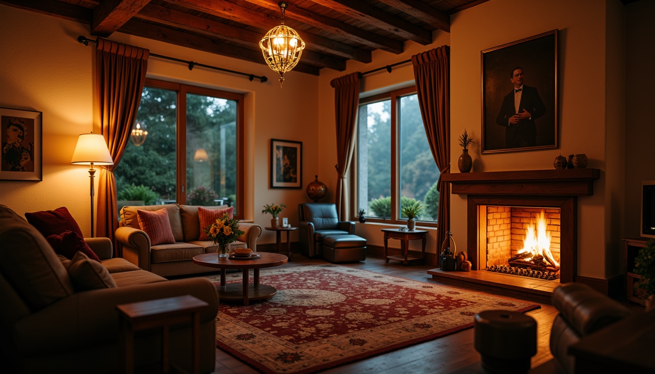 Prompt: Cozy living room, warm glow, table lamps, floor lamps, pendant lights, chandeliers, dimmable lighting, soft warm tones, relaxing atmosphere, comfortable seating, plush carpets, wooden furniture, rustic decor, earthy colors, crackling fireplace, evening ambiance, golden hour, shallow depth of field, 1/2 composition, realistic textures, ambient occlusion.