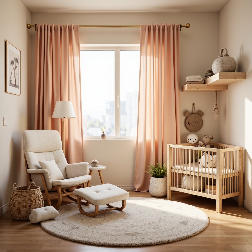 Prompt: Soft baby nursery, gentle lighting, warm beige walls, plush toys, comfortable glider chair, natural wood crib, white noise machine, calming colors, pastel hues, soft peach curtains, woven baskets, breathable fabrics, cotton materials, gentle patterns, soothing textures, subtle sheen, cozy atmosphere, serene ambiance, shallow depth of field, 1/1 composition, warm color palette.