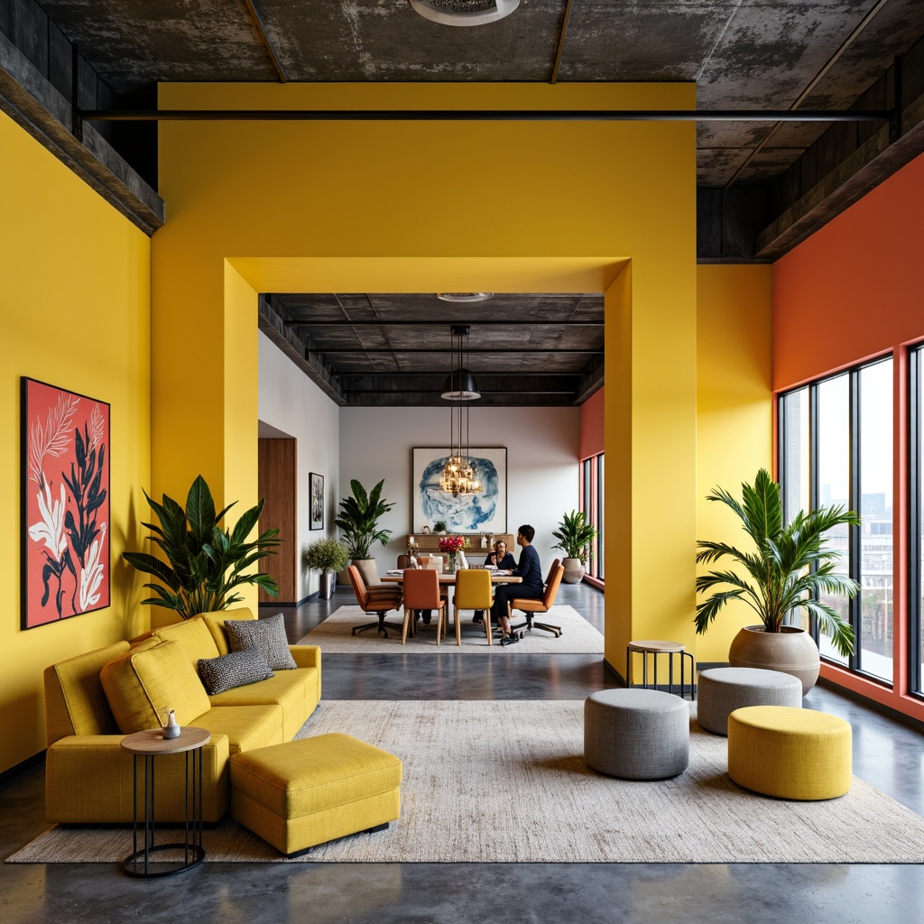 Prompt: Vibrant yellow accents, geometric shapes, industrial chic, polished metal frames, minimalist d\u00e9cor, functional furniture, bold color blocking, textured concrete floors, sleek glass partitions, natural light infusion, airy open spaces, playful abstract artwork, eclectic vintage decor, distressed wood accents, urban loft atmosphere, modernist architecture, brutalist elements, pops of bright coral, monochromatic schemes, dynamic LED lighting, futuristic ambiance.