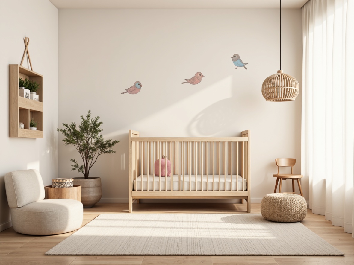 Prompt: Soft pastel colors, gentle textures, crib with rounded edges, plush area rug, minimalist furniture, modern wall decals, creamy white walls, warm beige accents, natural wood tones, subtle sheen finishes, softbox lighting, calm atmosphere, serene ambiance, 1/2 composition, shallow depth of field, realistic renderings.