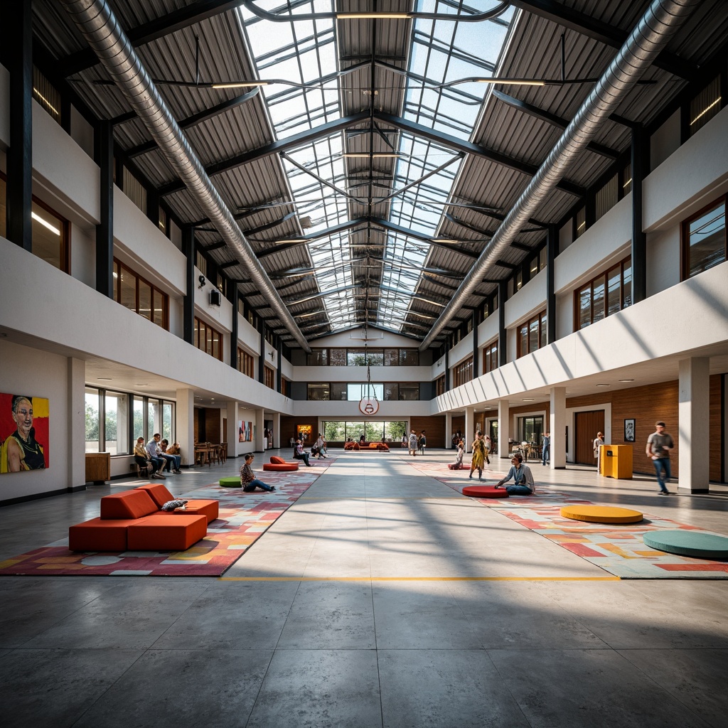 Prompt: Spacious gymnasium interior, postmodern architecture style, exposed ductwork, industrial metal beams, polished concrete floors, vibrant color accents, eclectic furniture arrangement, abstract geometric patterns, natural light pouring in through clerestory windows, dramatic shadows, 1/2 composition, atmospheric lighting, soft focus, realistic textures, ambient occlusion.