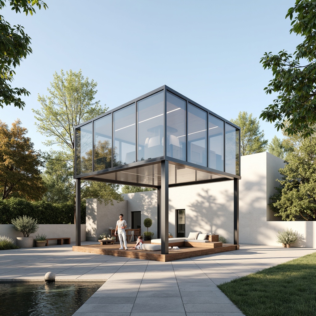 Prompt: Glass pavilion, minimalist design, rectangular structure, transparent roof, natural light pouring in, open floor plan, modernist architecture, sleek metal frames, white walls, polished concrete floors, sparse greenery, subtle shadows, warm ambient lighting, soft diffused illumination, 1/1 composition, shallow depth of field, realistic materials, ambient occlusion.