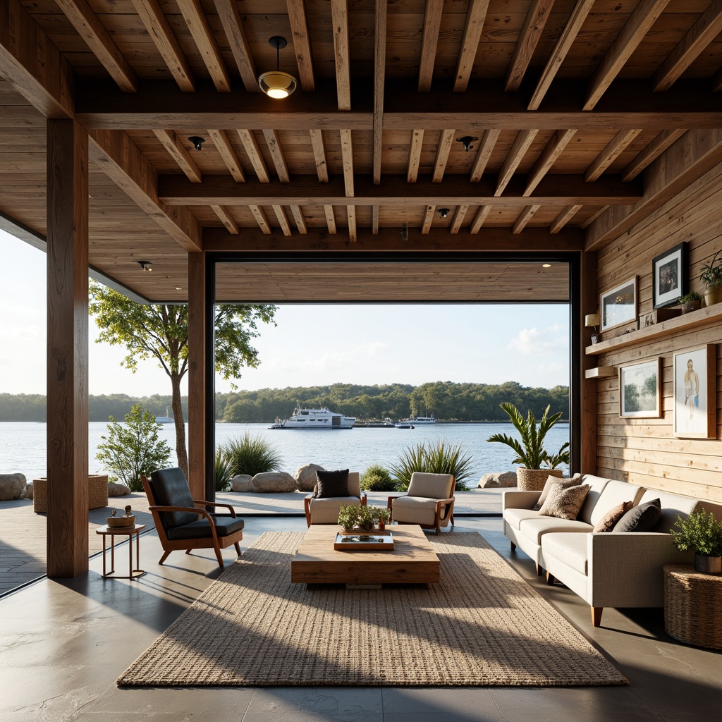 Prompt: Waterfront boathouse, open floor plan, rustic wooden accents, nautical decorations, large windows, sliding glass doors, natural light, lake or ocean views, minimalist interior design, industrial metal beams, polished concrete floors, reclaimed wood walls, cozy reading nooks, plush furniture, warm lighting, panoramic views, shallow depth of field, 2/3 composition, soft focus, realistic textures, ambient occlusion.