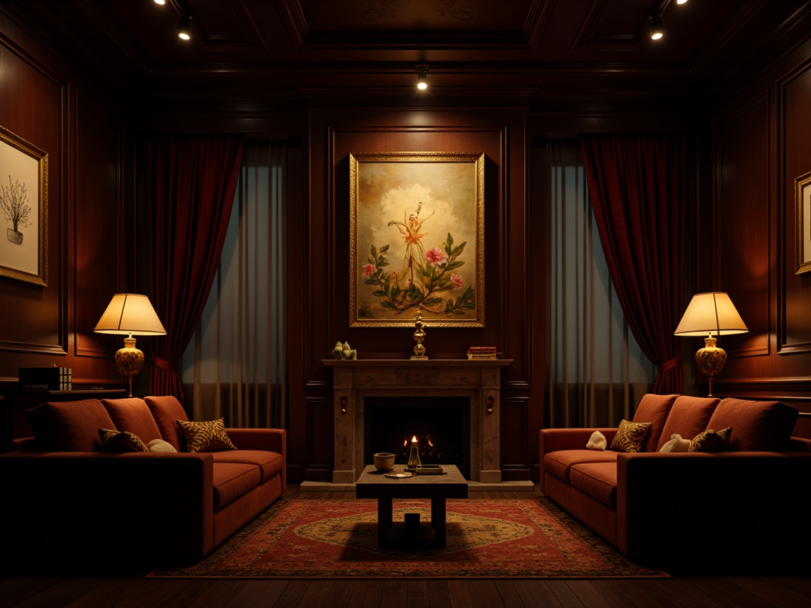 Prompt: Dramatic interior scene, low-key lighting, mysterious shadows, warm golden glow, spotlights on artwork, floor lamps with sculptural shapes, dark wood paneling, rich velvet drapes, luxurious furnishings, cinematic ambiance, high contrast ratio, intense color grading, 1/1 composition, shallow depth of field, moody atmosphere, dramatic flair.