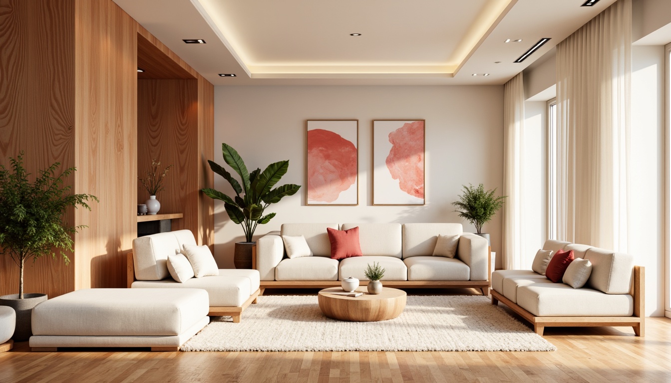 Prompt: Vibrant modern interior, sleek furniture, pastel color scheme, soft peach tones, creamy whites, rich wood accents, natural textiles, geometric patterns, abstract artwork, elegant lighting fixtures, Scandinavian design influence, cozy atmosphere, warm sunny day, shallow depth of field, 1/1 composition, realistic renderings, ambient occlusion.