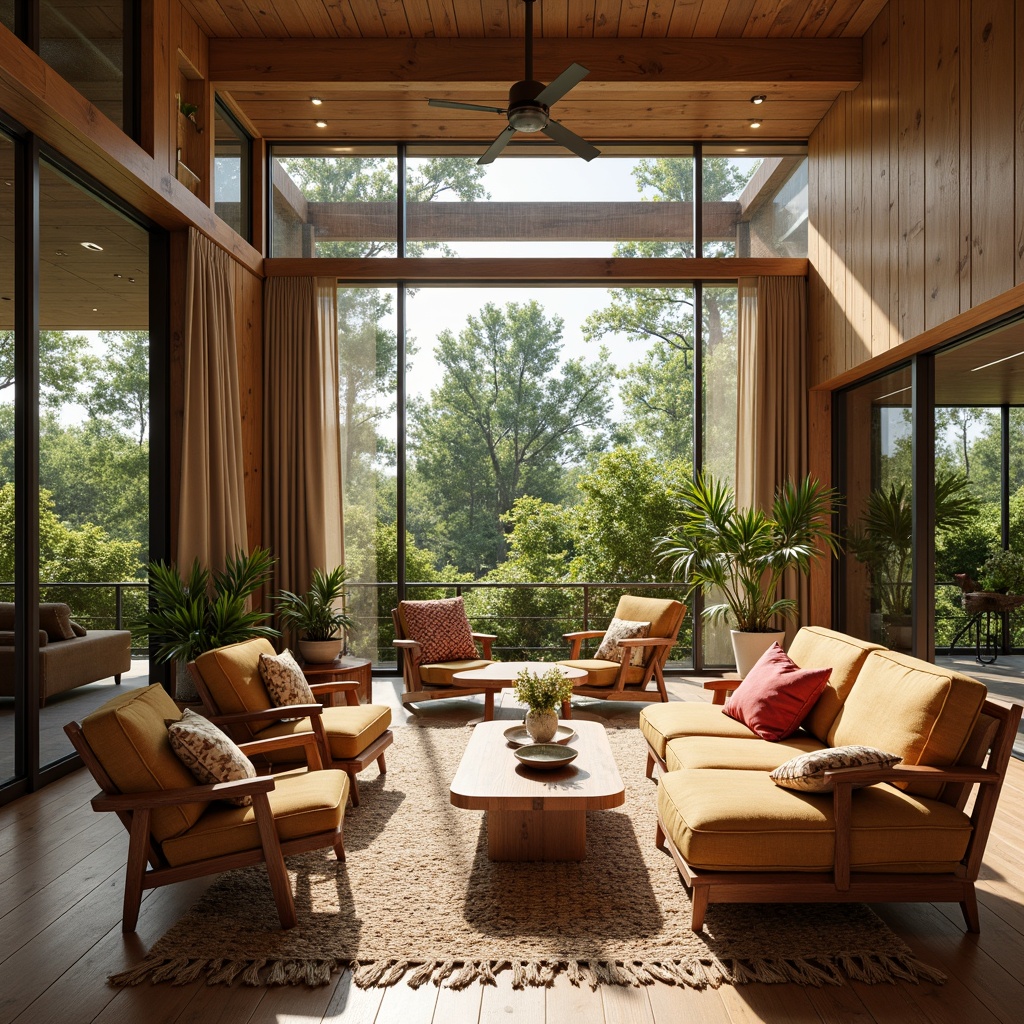 Prompt: Mid-century modern interior, vintage furniture, woven textiles, natural fibers, earthy tones, geometric patterns, bold color accents, wooden decor, minimalist layout, floor-to-ceiling windows, sliding glass doors, lush greenery, sunny day, soft warm lighting, shallow depth of field, 3/4 composition, realistic textures, ambient occlusion.