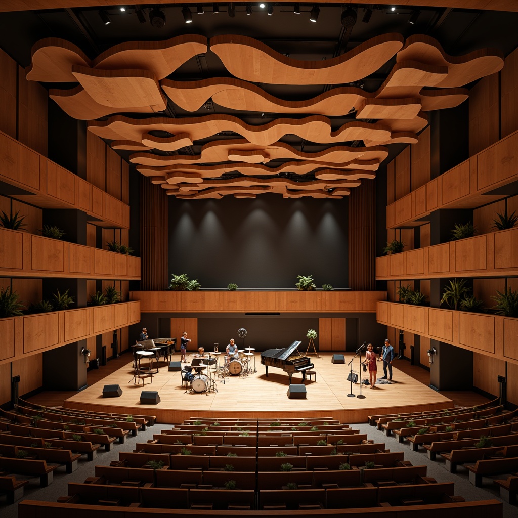 Prompt: Intimate concert hall, curved wooden panels, suspended sound-absorbing clouds, tiered seating, spotlights, professional audio equipment, grand pianos, acoustic guitars, drum sets, microphone stands, soundproofing materials, reverberation time control, optimized room dimensions, diffusion patterns, reflective surfaces, absorptive materials, bass traps, resonance damping, 3D modeling software, auralization techniques, psychoacoustic analysis, realistic sound simulation, ambient noise reduction, high-fidelity audio reproduction, immersive audience experience.