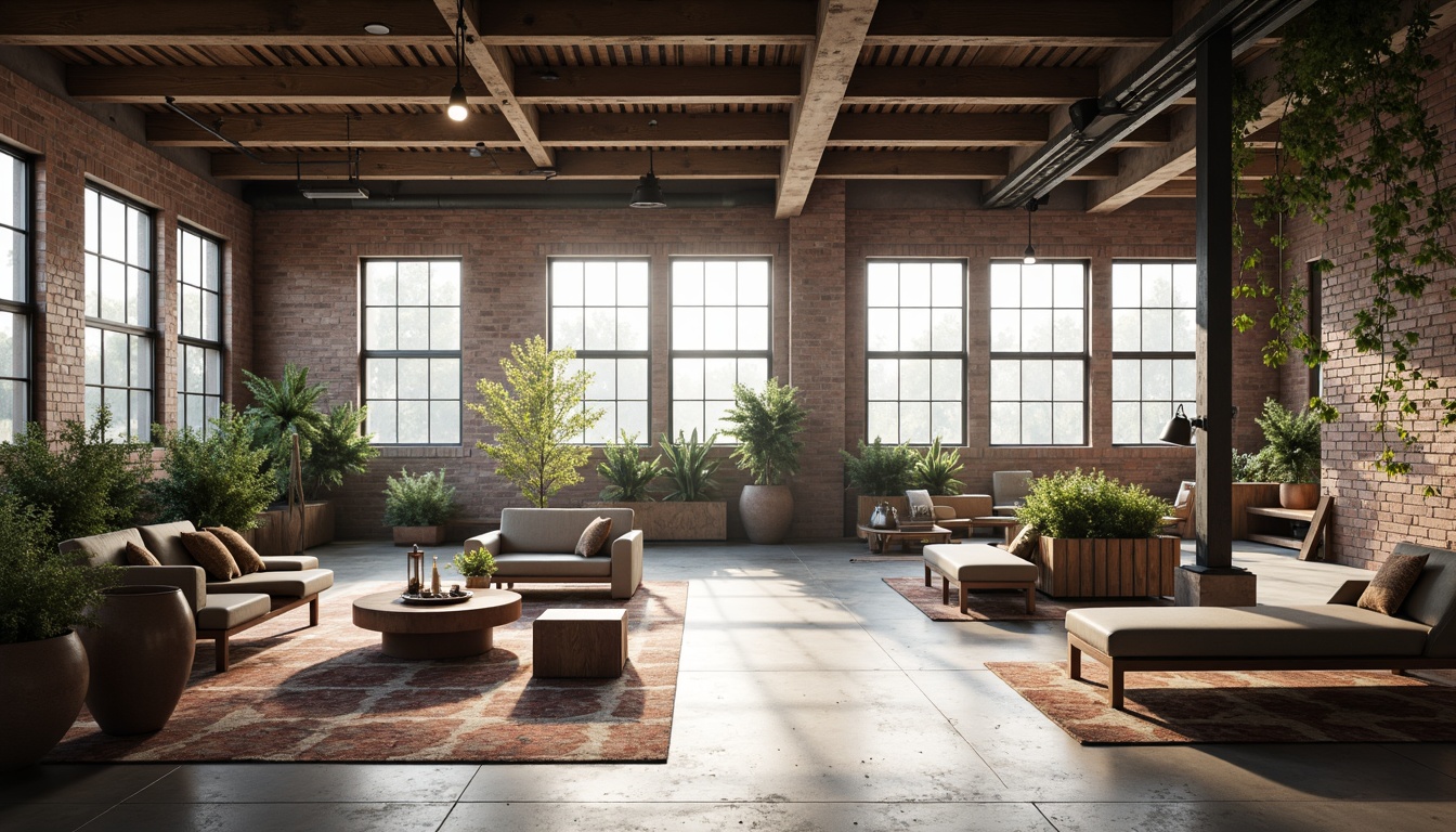 Prompt: Industrial warehouse setting, Scandinavian minimalist style, high ceilings, exposed brick walls, polished concrete floors, reclaimed wood accents, metal beams, natural light pouring in, airy atmosphere, functional decor, modern furniture pieces, comfortable seating areas, cozy reading nooks, greenery installations, geometric patterned rugs, warm ambient lighting, shallow depth of field, 1/2 composition, soft focus, realistic textures, atmospheric mist.