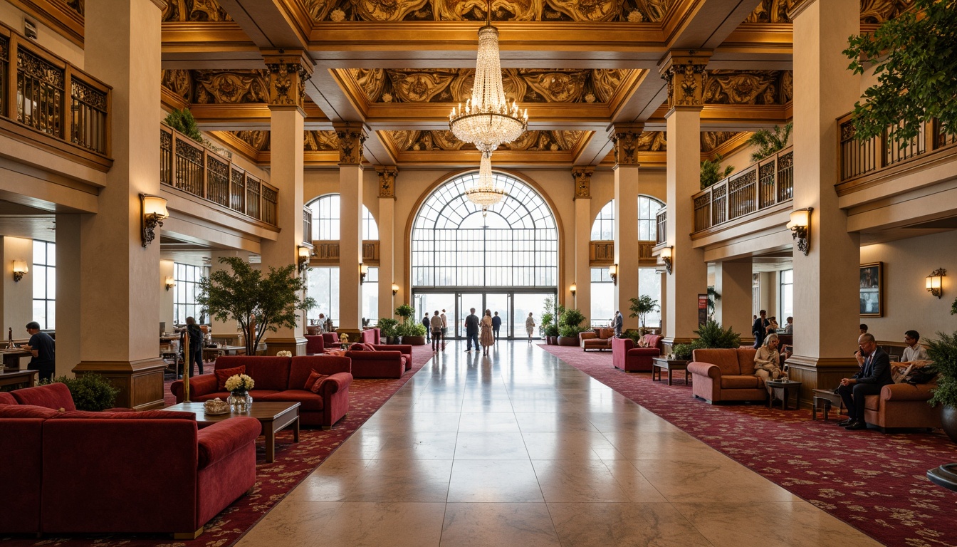 Prompt: Rich ornate airport terminal, lavish golden accents, intricate marble floors, grandiose crystal chandeliers, luxurious velvet sofas, elegant bronze railings, opulent crimson carpets, sophisticated cream walls, majestic high ceilings, dramatic arched windows, warm soft lighting, shallow depth of field, 1/2 composition, realistic textures, ambient occlusion.