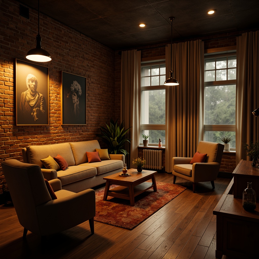 Prompt: Cozy living room, warm glow, softbox lighting, pendant lamps, metal shades, industrial chic, exposed brick walls, wooden floors, plush armchairs, floor-to-ceiling curtains, warm beige tones, moody atmosphere, dramatic shadows, subtle color gradients, 1/1 composition, shallow depth of field, realistic textures, ambient occlusion.