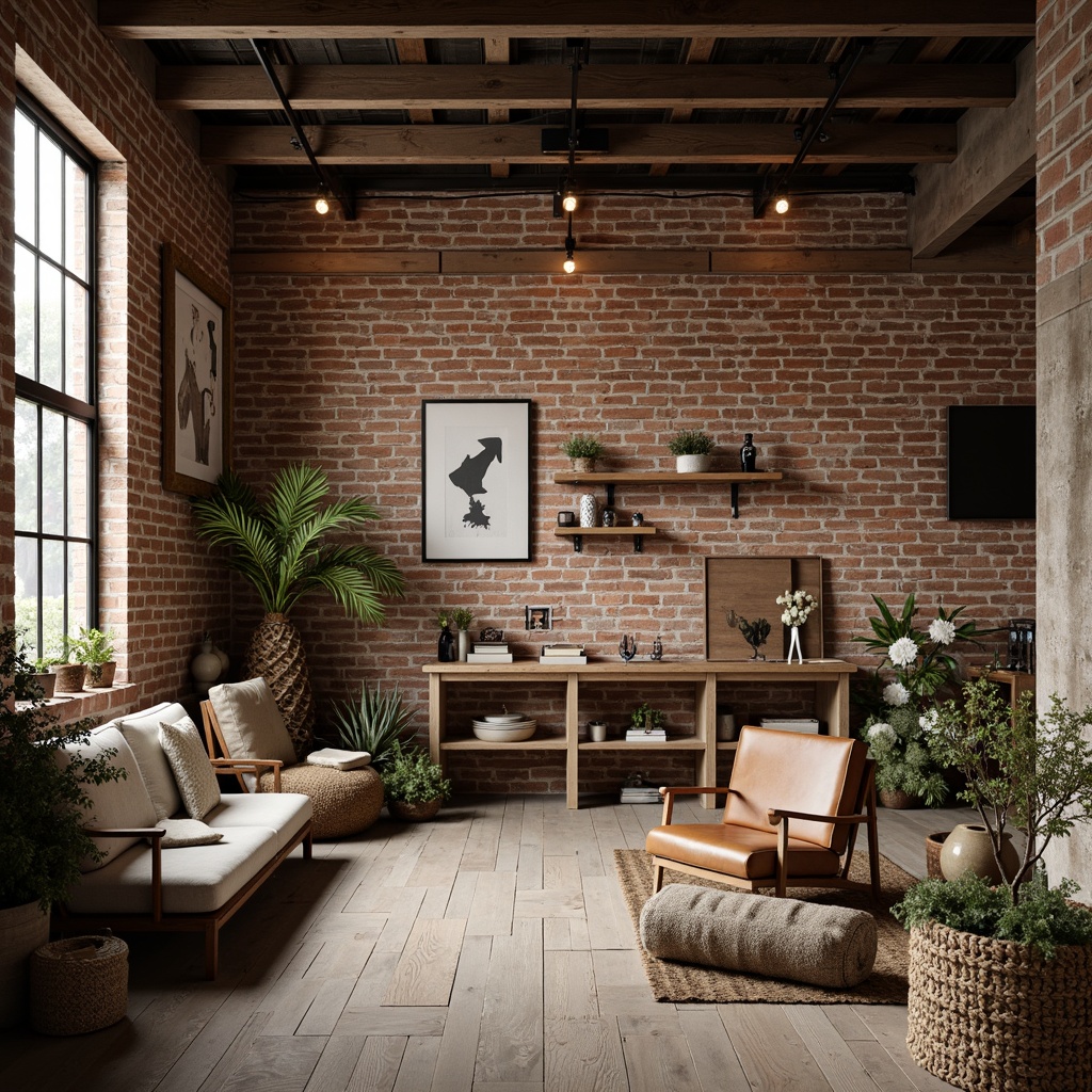 Prompt: Rustic warehouse, industrial chic, Scandinavian minimalism, exposed brick walls, reclaimed wood floors, metal beams, Edison bulbs, minimalist decor, natural textiles, woven baskets, distressed leather furniture, earthy color palette, rough-hewn wooden crates, vintage metal signs, concrete accents, Nordic-inspired patterns, soft warm lighting, shallow depth of field, 3/4 composition, realistic textures, ambient occlusion.