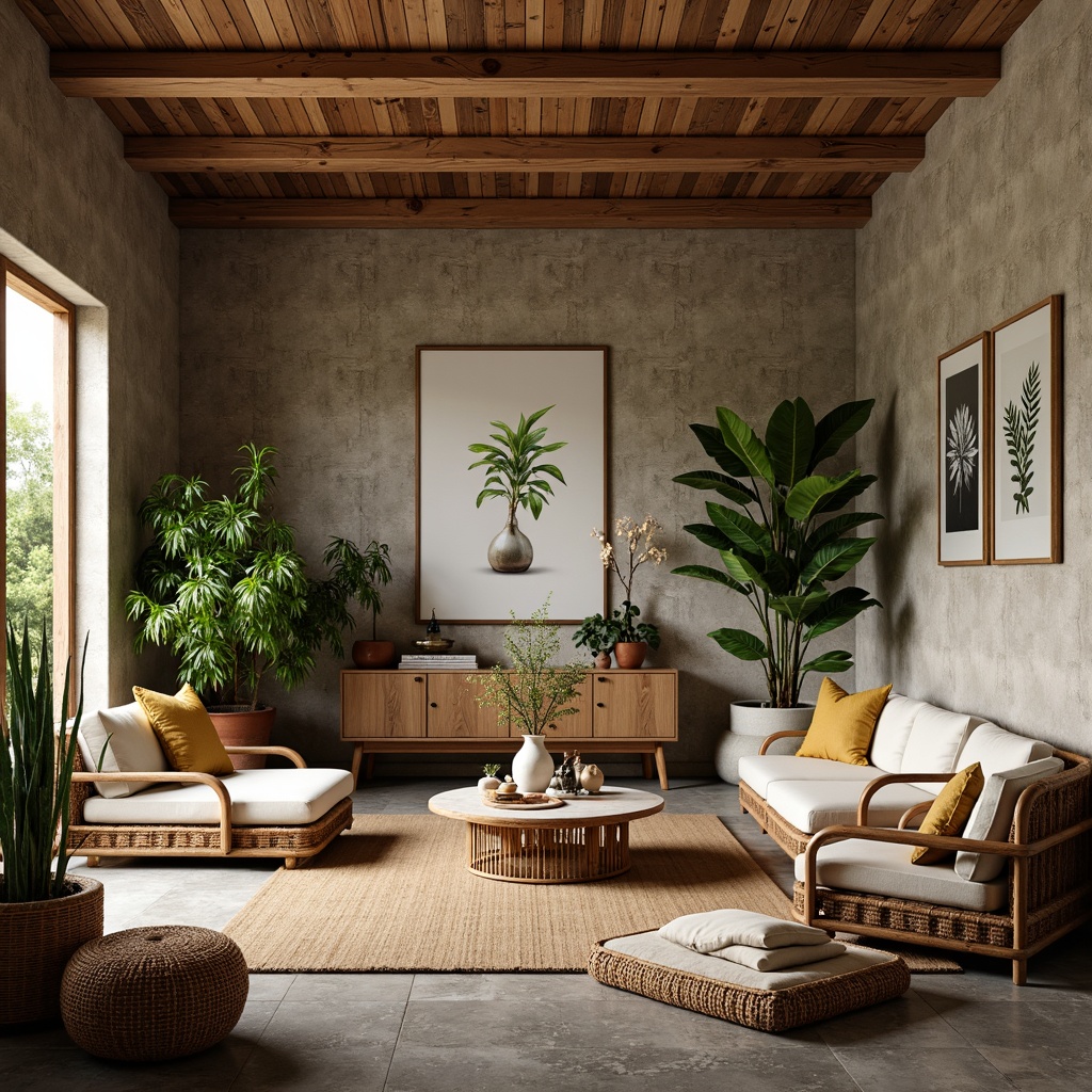 Prompt: Serene living room, reclaimed wood accents, natural stone walls, potted plants, greenery, earthy color palette, organic textures, woven fibers, rattan furniture, botanical prints, nature-inspired artwork, soft warm lighting, shallow depth of field, 3/4 composition, realistic rendering, ambient occlusion.