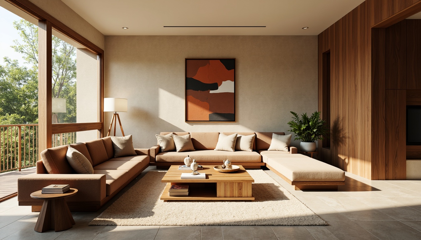 Prompt: Mid-century modern living room, warm beige walls, rich walnut wood furniture, plush velvet sofas, patterned linen upholstery, geometric-shaped coffee tables, abstract art pieces, minimalist decor, natural stone flooring, floor-to-ceiling windows, abundant sunlight, soft diffused lighting, shallow depth of field, 1/1 composition, realistic textures, ambient occlusion.