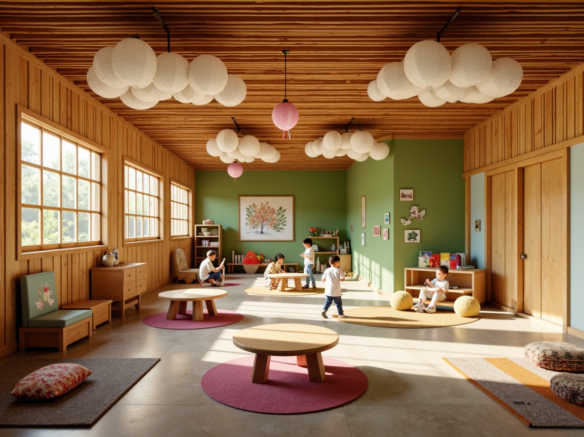 Prompt: Vibrant kindergarten interior, warm wooden accents, natural bamboo textures, colorful paper lanterns, whimsical cloud-shaped lighting fixtures, playful string lights, softbox ceiling lights, LED floor lamps, gentle warm glow, cozy reading nooks, Asian-inspired decorative screens, traditional Japanese shoji doors, modern minimalist furniture, lively green walls, educational wall decals, interactive display shelves, circular tables, child-sized chairs, fun patterned rugs, natural fiber carpets, sunny day, shallow depth of field, 1/2 composition, realistic textures, ambient occlusion.