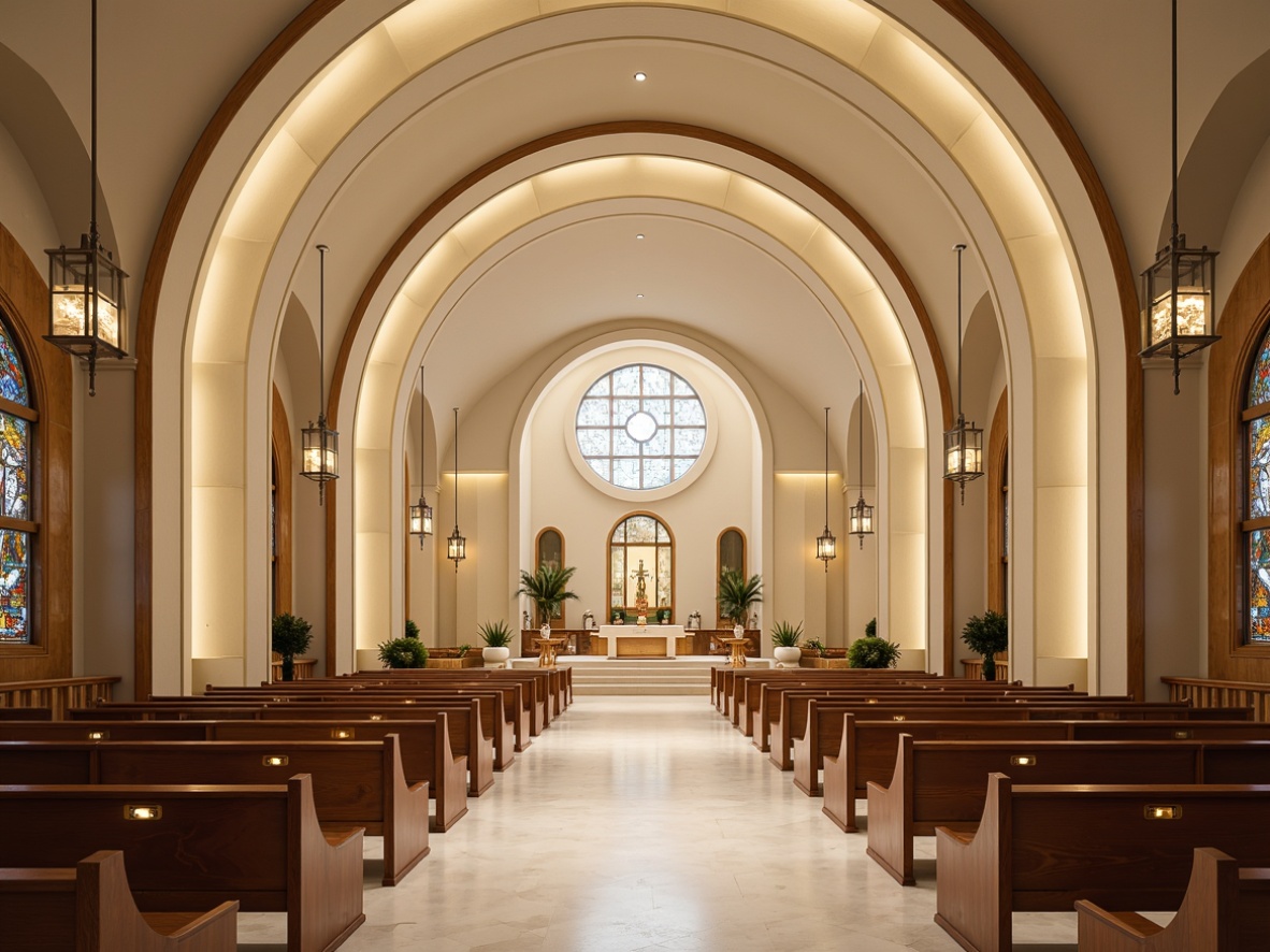 Prompt: Elegant religious sanctuaries, curved lines, minimalist ornamentation, sleek metallic accents, warm glowing lighting, suspended pendant lights, geometric lanterns, subtle LED strips, ambient indirect illumination, cream-colored walls, polished marble floors, stained glass windows, arched ceilings, ribbed vaults, ornate pulpits, circular apses, tranquil atmosphere, soft warm tones, shallow depth of field, 1/1 composition, symmetrical framing, realistic textures, subtle ambient occlusion.