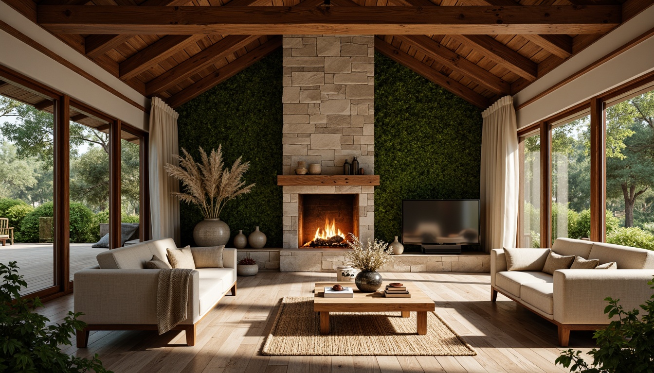 Prompt: Earth-toned lodge, wooden accents, stone fireplaces, organic textures, woven fibers, natural fabrics, earthy color palette, sustainable building materials, reclaimed wood, living green walls, lush foliage, warm cozy atmosphere, soft diffused lighting, shallow depth of field, 2/3 composition, realistic rendering, ambient occlusion.