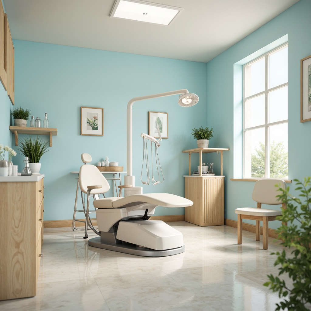 Prompt: Calming dental clinic interior, soft pastel colors, gentle blue tones, creamy whites, warm beige accents, natural wood textures, sleek metal equipment, minimalist design, soothing ambient lighting, shallow depth of field, 1/1 composition, realistic renderings, subtle gradient effects.