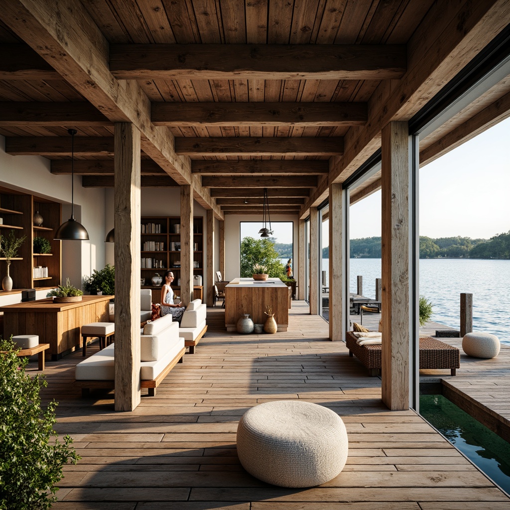 Prompt: Waterfront location, rustic wooden dock, nautical-themed decor, open floor plan, minimalist interior design, large windows, sliding glass doors, natural light, lake or ocean views, modern boathouse architecture, wooden accents, stone flooring, cozy reading nooks, plush furnishings, warm color palette, industrial-style lighting, exposed beams, loft-style ceilings, functional kitchen island, dining area with pendant lights, built-in shelving units, comfortable lounge seating, scenic outdoor spaces, lush greenery, serene atmosphere, soft warm lighting, shallow depth of field, 3/4 composition, realistic textures.