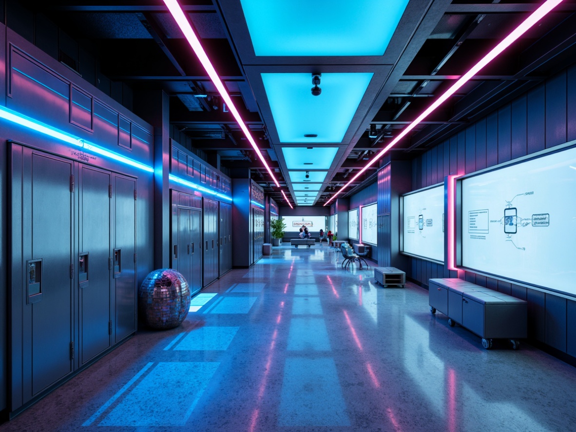 Prompt: Neon-lit corridors, metallic silver lockers, glowing blue accents, futuristic whiteboards, sleek minimalist furniture, holographic display screens, iridescent flooring, geometric patterned walls, soft pulsing lighting, shallow depth of field, 3/4 composition, panoramic view, realistic textures, ambient occlusion, modern angular lines, vibrant neon colors, eco-friendly materials, innovative smart boards, immersive learning environments, futuristic lab equipment, virtual reality zones.