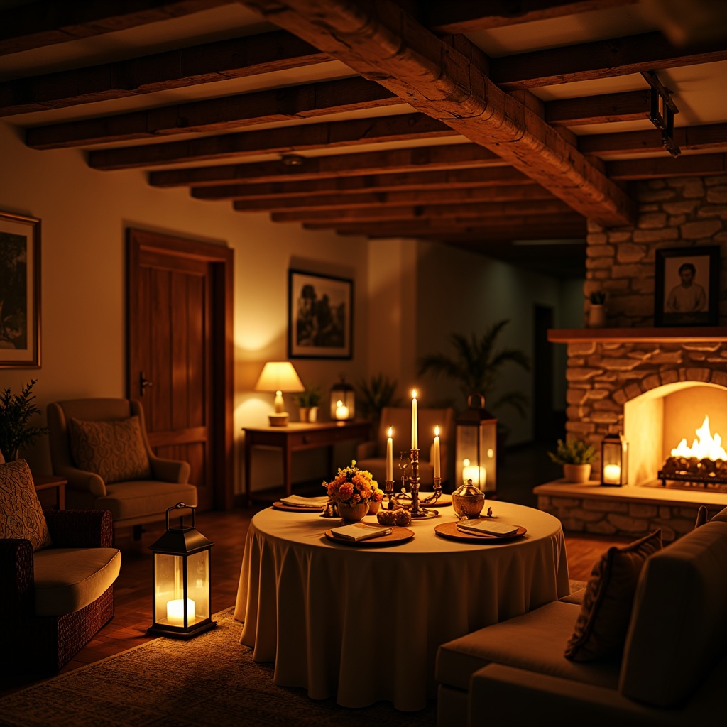 Prompt: Warm ambiance, soft glowing lanterns, rustic wooden accents, cozy fireplace, plush furniture, creamy color palette, gentle warm lighting, table lamps, floor lamps, dimmable lights, natural textures, stone walls, wooden beams, vintage decorative items, intimate gathering spaces, romantic dinner settings, relaxing atmosphere, serene evening mood, subtle shadows, golden hour illumination, cinematic lighting effects, 1/1 composition, shallow depth of field.