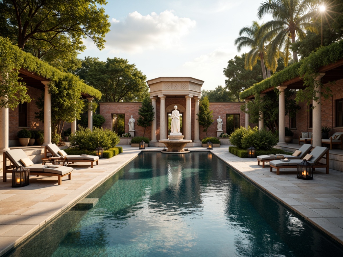 Prompt: Elegant poolside, ornate fountains, majestic statues, lush greenery, warm sunny day, soft golden lighting, shallow depth of field, 3/4 composition, panoramic view, realistic water textures, ambient occlusion, classical architecture, Doric columns, travertine stone, rustic brick walls, vine-covered pergolas, elegant lounge chairs, plush outdoor furniture, subtle string lights, lantern-style pool lights, dramatic uplighting, warm color temperature, serene ambiance.