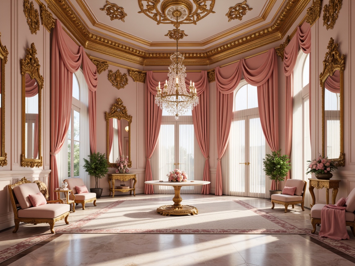 Prompt: Opulent Rococo palace, soft pastel hues, pale pink walls, gilded gold accents, ornate mirrors, crystal chandeliers, lush velvet fabrics, intricate carvings, curved lines, whimsical florals, delicate lace patterns, warm candlelight, rich jewel tones, luxurious marble floors, subtle gradations, elegant typography, ornamental accessories, refined metallic details, romantic ambiance, dreamy atmosphere, soft focus, 1/1 composition, warm color temperature.