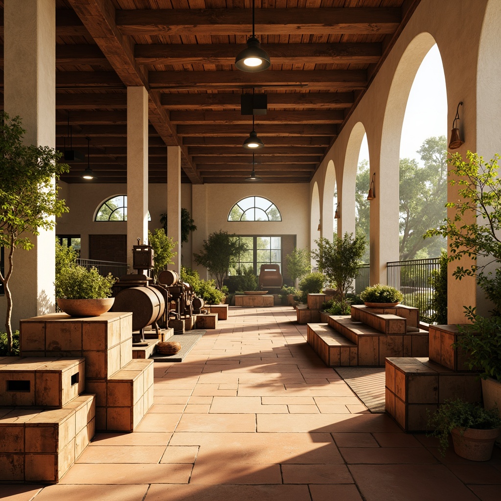 Prompt: Earth-toned factory interior, rustic wooden crates, distressed metal accents, vintage machinery, warm terracotta flooring, soft beige walls, creamy white archways, ornate ironwork, lush greenery, potted plants, natural stone textures, worn brick surfaces, sunny Mediterranean light, warm golden lighting, shallow depth of field, 1/2 composition, realistic atmospheric effects.