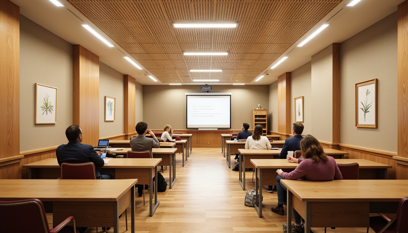 Prompt: Cozy classroom, wooden desks, ergonomic chairs, soft cushioning, natural wood accents, warm beige walls, sound-absorbing panels, acoustic ceiling tiles, minimal reverberation, clear audio clarity, speech intelligibility, focused student attention, comfortable learning environment, rectangular room shape, optimal speaker placement, balanced sound distribution, subtle background noise reduction, 1/2 composition, softbox lighting, gentle color palette.