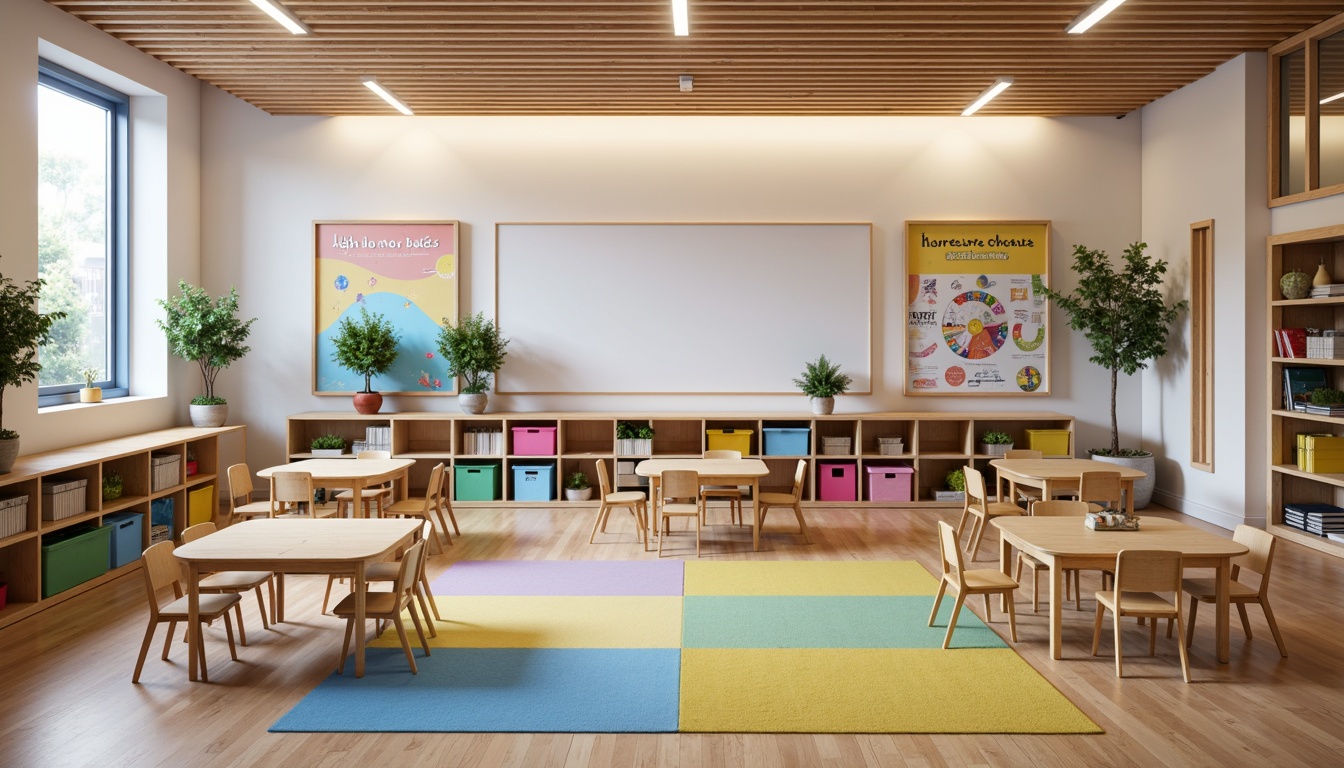 Prompt: Vibrant elementary school classroom, ergonomic chairs, collaborative desks, interactive whiteboards, colorful storage bins, flexible seating arrangements, acoustic sound panels, natural wood accents, minimalist shelving units, soft pastel colors, warm LED lighting, shallow depth of field, 3/4 composition, panoramic view, realistic textures, ambient occlusion.