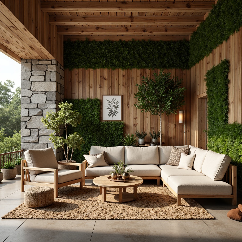 Prompt: Earthy tone, reclaimed wood accents, natural stone walls, woven bamboo furniture, jute rug, living green walls, organic shapes, earthy color palette, sustainable design, eco-friendly materials, minimal ornamentation, airy atmosphere, soft warm lighting, shallow depth of field, 1/1 composition, realistic textures, ambient occlusion.