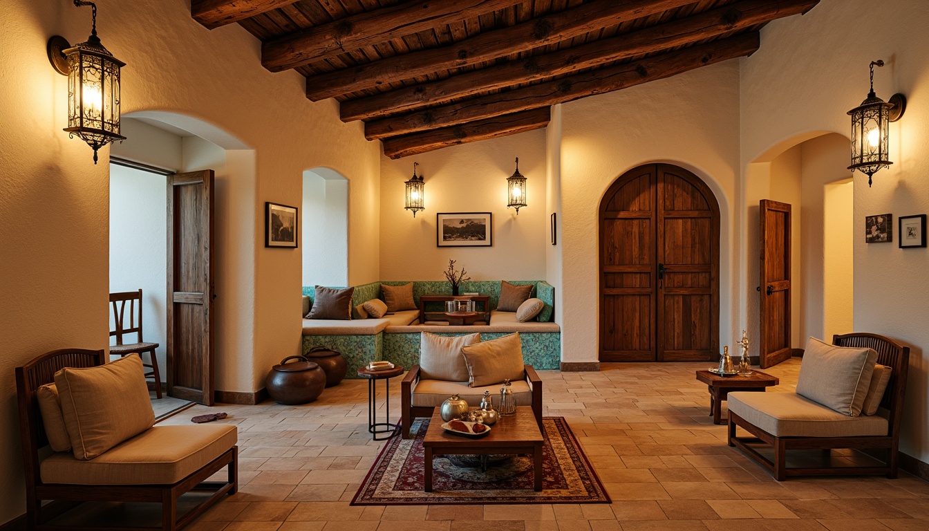 Prompt: Warm Mediterranean interior, soft warm lighting, rustic wooden beams, cream-colored stucco walls, turquoise accent tiles, ornate metal lanterns, ambient glow, candles, pendant lights, natural textiles, woven baskets, earthy color palette, cozy nooks, arched windows, distressed wood furniture, vintage decorative items, subtle shadows, 1/2 composition, warm color grading, realistic reflections.