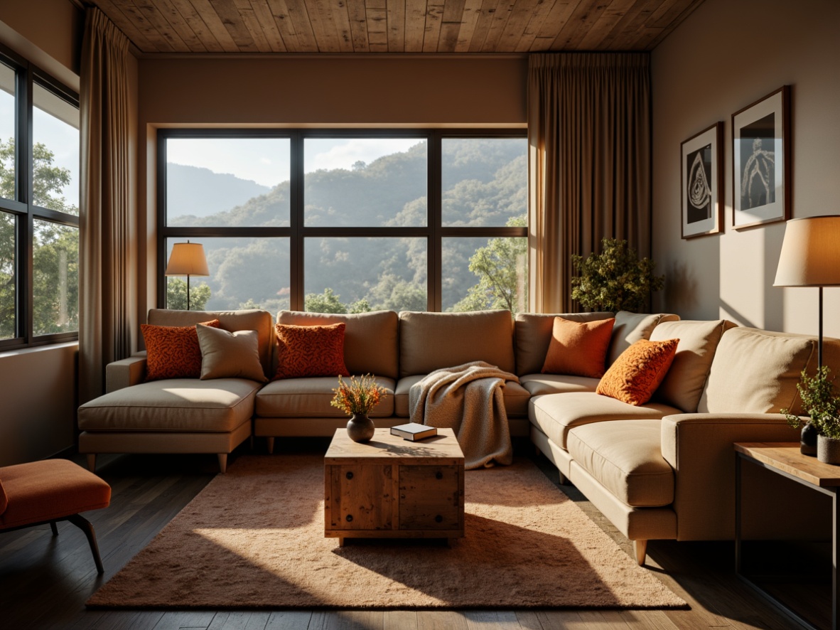 Prompt: Cozy living room, plush sectional sofas, vibrant accent pillows, warm wood coffee tables, rustic metal frames, soft ambient lighting, comfortable throw blankets, stylish armchairs, elegant floor lamps, modern minimalist decor, calm atmosphere, shallow depth of field, 1/1 composition, realistic textures, subtle shading.