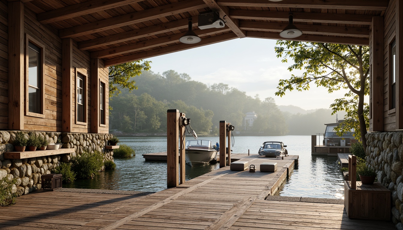 Prompt: Waterfront boathouse, rustic wooden docks, weathered boat lifts, nautical ropes, distressed wood accents, vintage marine hardware, soft warm lighting, natural stone walls, earthy color palette, mossy greenery, serene lake views, misty morning atmosphere, shallow depth of field, 1/1 composition, realistic textures, ambient occlusion, warm beige tones, cool blues, crisp whites, rich woods, sunny day, gentle water reflections.