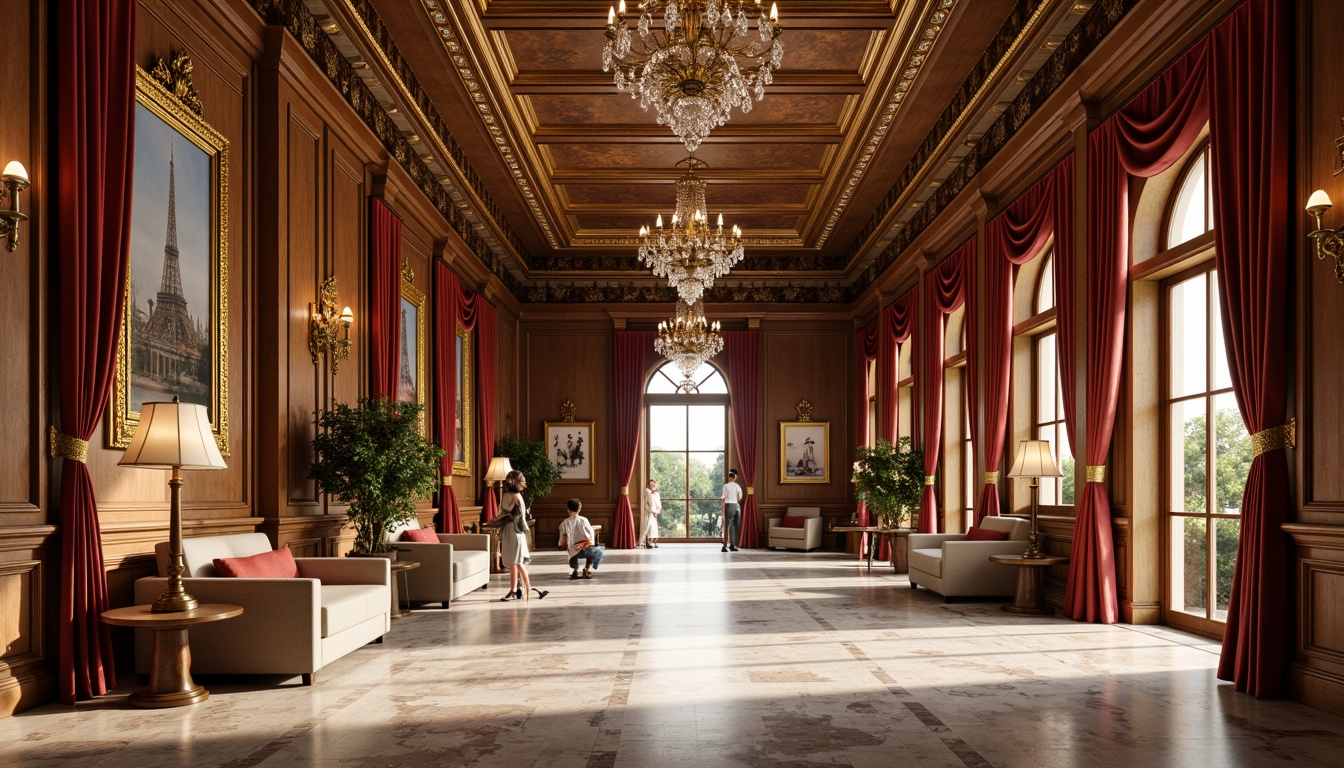 Prompt: Elegant neoclassical interior, ornate molding details, rich wood tones, polished marble floors, crystal chandeliers, velvet drapes, gilded frames, intricate plasterwork, soaring ceilings, symmetrical composition, warm golden lighting, subtle shadows, 1/1 ratio photography, realistic textures, ambient occlusion.