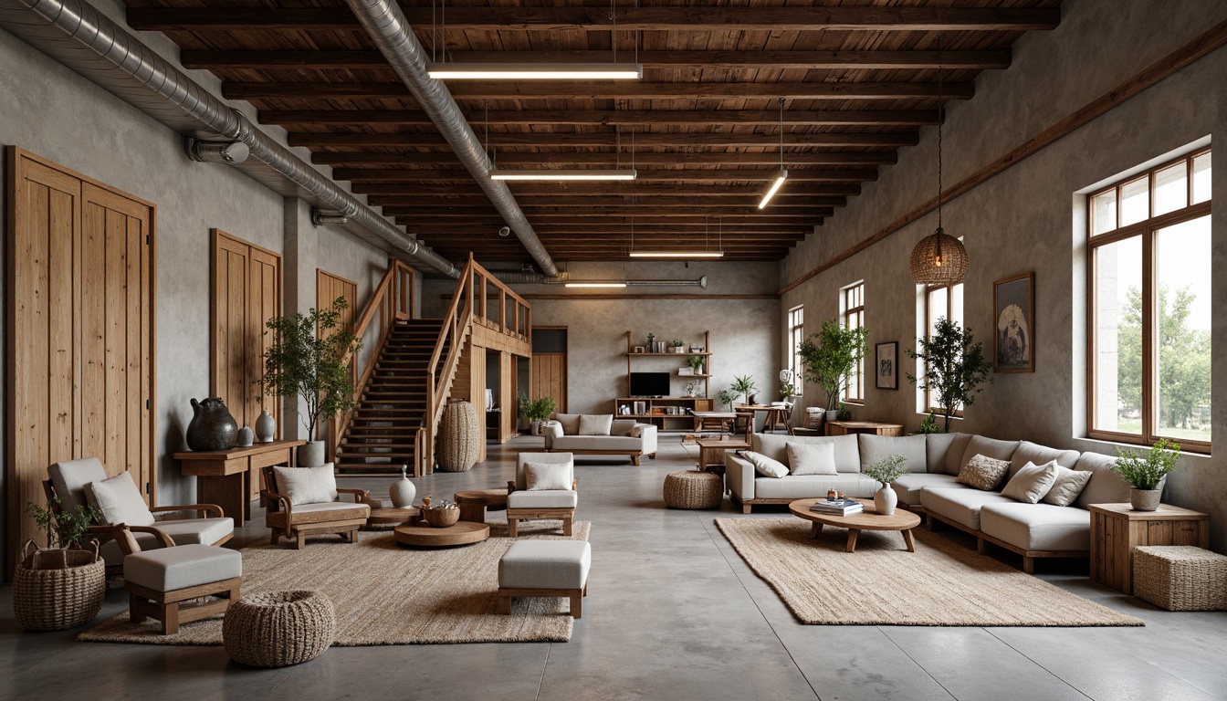 Prompt: Rustic warehouse interior, Scandinavian design elements, distressed wooden planks, industrial metal beams, exposed brick walls, concrete floors, minimal decor, functional lighting, cozy textiles, natural fibers, woven baskets, reclaimed wood accents, earthy color palette, matte finishes, soft warm lighting, shallow depth of field, 1/1 composition, realistic textures, ambient occlusion.