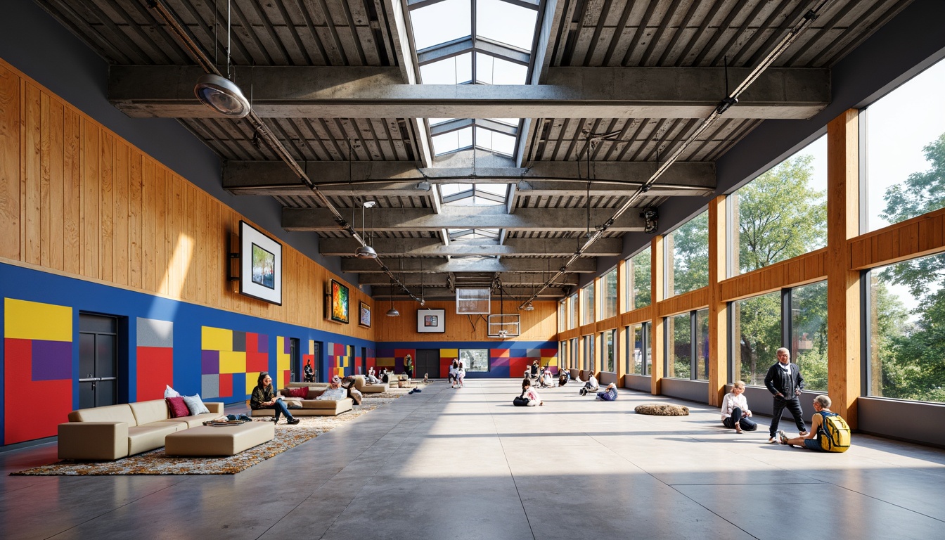 Prompt: Vibrant gymnasium interior, postmodernist architecture, exposed ductwork, industrial metal beams, polished concrete floors, bold color accents, geometric patterned walls, eclectic furniture arrangement, dynamic lighting systems, suspended athletic equipment, mirrored columns, minimalist locker rooms, natural wood accents, abundant natural light, clerestory windows, open ceiling structures, panoramic views, 1/2 composition, high contrast ratios, realistic reflections.