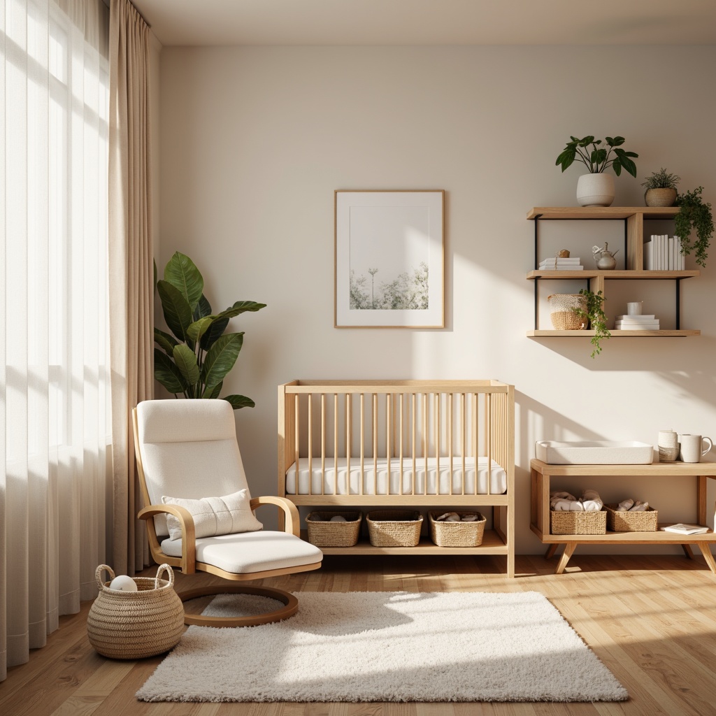 Prompt: Modern baby room, soft pastel colors, gentle wood tones, plush area rug, comfortable glider chair, minimalist crib, changing station, floating shelves, woven basket storage, natural light, sheer curtains, warm beige walls, soft box lighting, cozy reading nook, 1/1 composition, shallow depth of field, realistic textures, ambient occlusion.