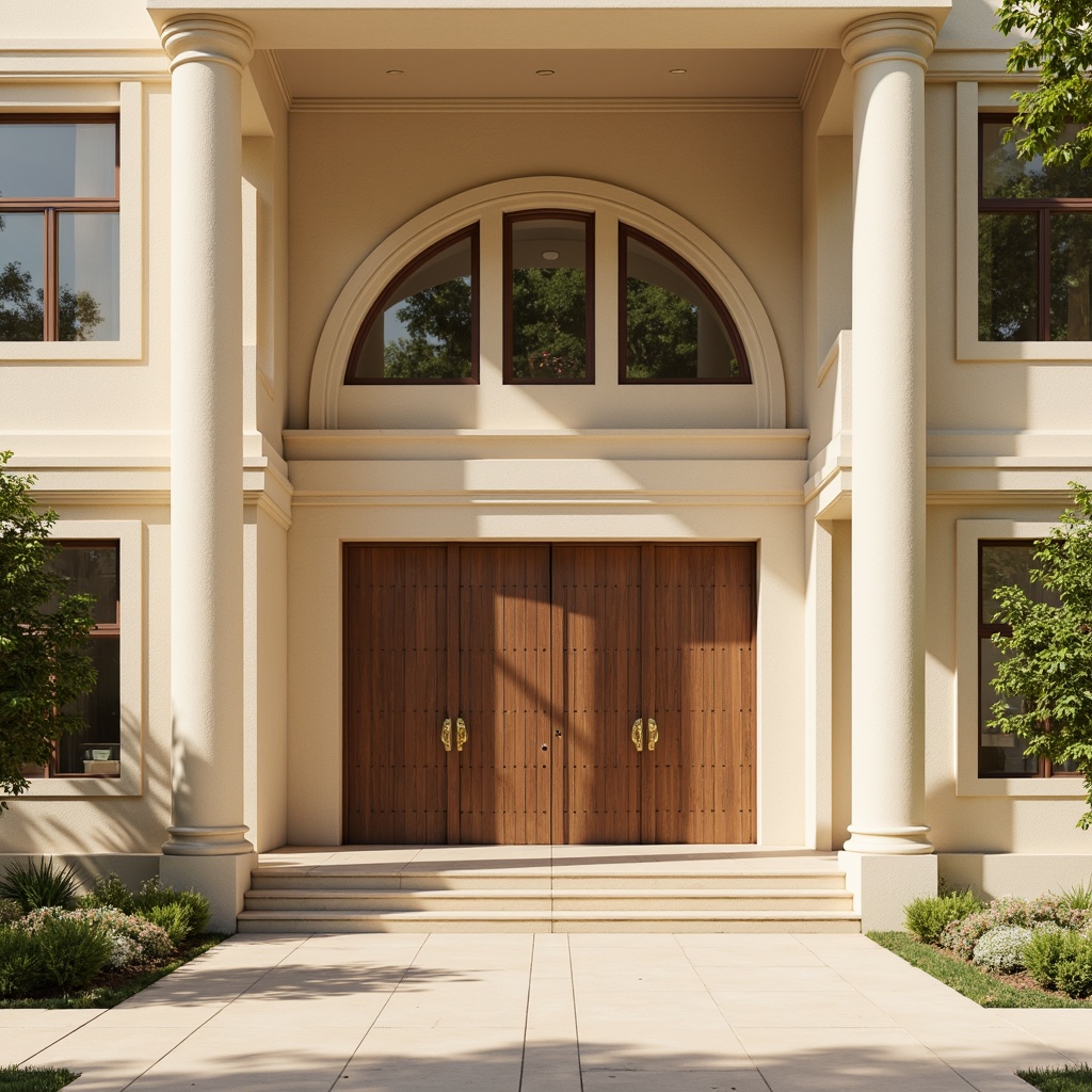 Prompt: Elegant middle school building, neoclassical architecture, cream-colored stone walls, columns with ornate capitals, symmetrical facade, grand entrance, wooden doors with bronze hardware, neutral beige flooring, warm beige walls, soft creamy lighting, subtle shading, 1/1 composition, realistic textures, ambient occlusion.