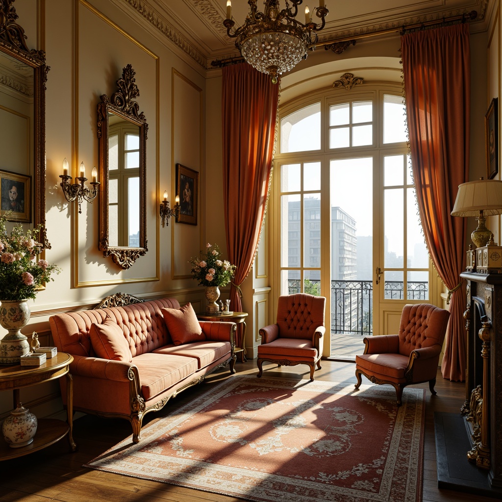 Prompt: Ornate Rococo-style living room, luxurious velvet sofas, intricately carved wooden chairs, gilded mirrors, ornamental consoles, curved legs, cabriole legs, tufted upholstery, richly patterned rugs, crystal chandeliers, delicate porcelain vases, soft golden lighting, warm beige walls, elegant drapery, French windows, balcony with ironwork railing, serene afternoon ambiance, shallow depth of field, 1/1 composition, realistic textures, ambient occlusion.