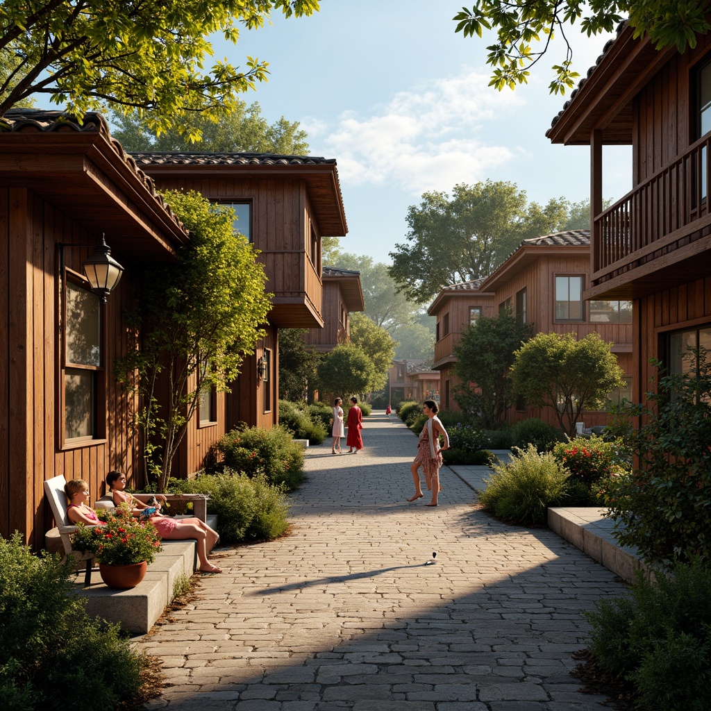 Prompt: Vibrant traditional village, rustic wooden houses, ornate balconies, colorful tile roofs, winding cobblestone streets, lush greenery, blooming flowers, vintage lanterns, distressed wood textures, earthy color palette, warm golden lighting, shallow depth of field, 1/1 composition, intimate atmosphere, realistic character models, ambient occlusion.