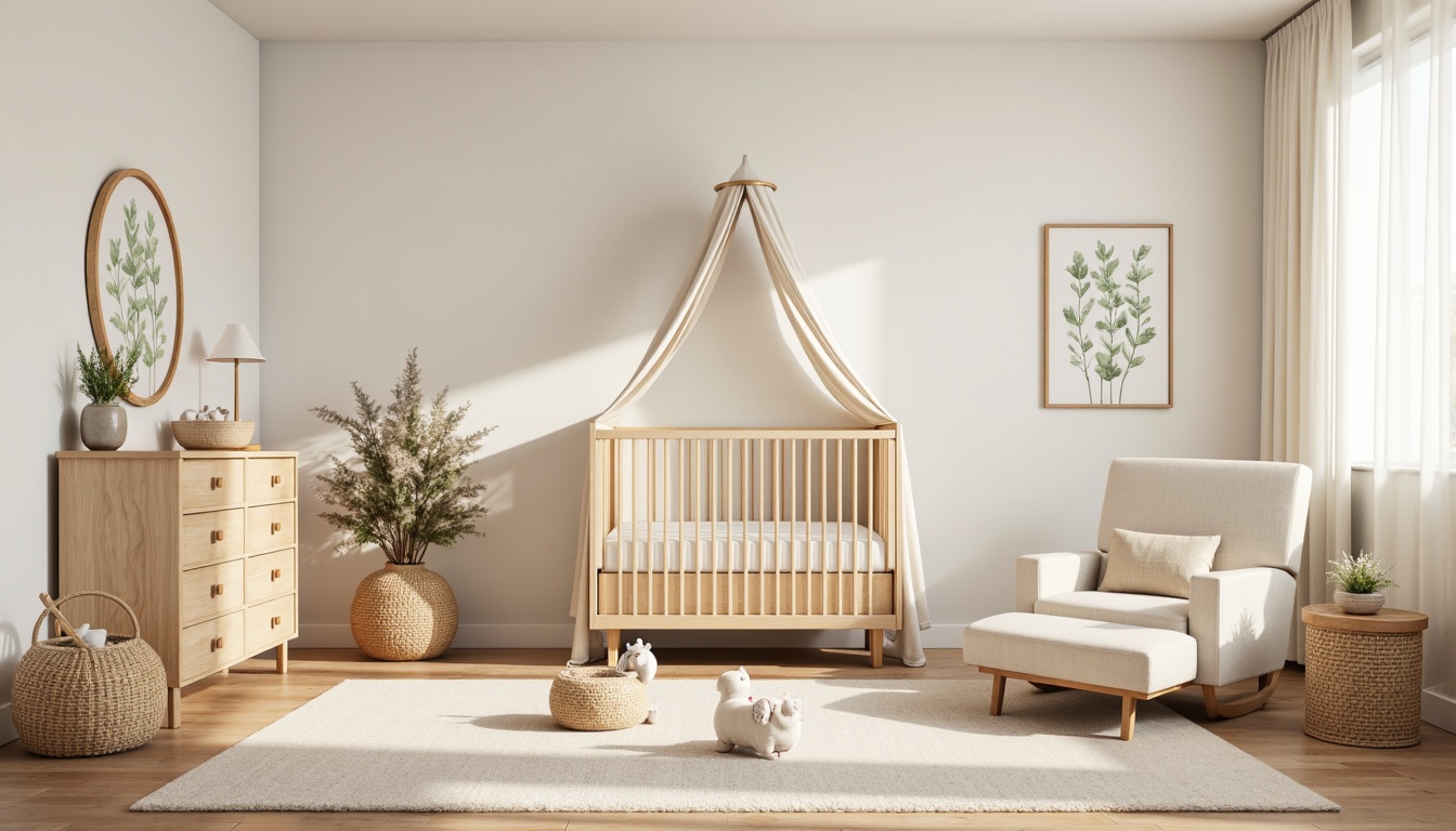 Prompt: Soft baby nursery, gentle pastel colors, plush toys, crib with canopy, comfortable glider chair, warm beige carpet, creamy white walls, natural wood furniture, calming botanical prints, serene ambient lighting, softbox lights, cozy throw blankets, breathable cotton fabrics, hypoallergenic materials, soothing color palette, gentle texture contrasts, organic fabric dyes, baby-friendly upholstery, peaceful atmosphere, shallow depth of field, 1/2 composition.