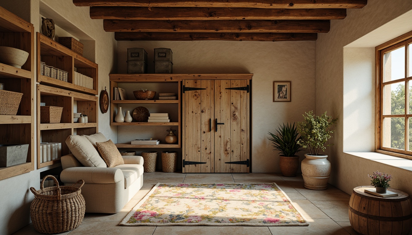 Prompt: Rustic storage room, distressed wood shelves, vintage metal bins, woven rattan baskets, soft warm lighting, earthy tone walls, stone flooring, natural fiber rugs, woven linen fabrics, floral patterns, distressed wooden doors, antique metal hardware, soft pastel colors, romantic ambiance, cozy atmosphere, intimate scale, 1/1 composition, shallow depth of field, realistic textures.