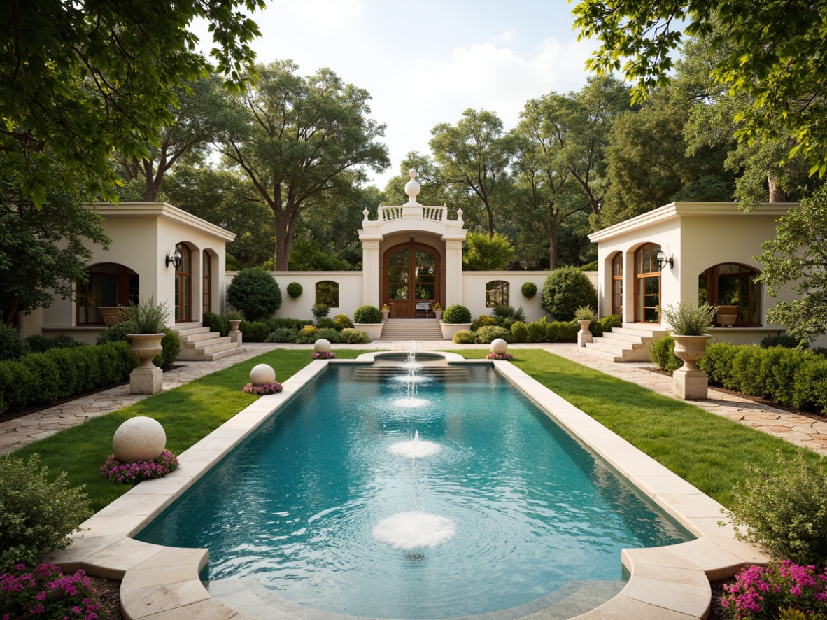 Prompt: Elegant swimming pool, ornate fountains, lush greenery, vibrant flowers, natural stone coping, symmetrical layout, classical statues, urns, pedestals, curved walkways, manicured lawns, topiary trees, trellises, arched gates, grand entrance, warm beige tones, soft warm lighting, shallow depth of field, 3/4 composition, realistic textures, ambient occlusion.