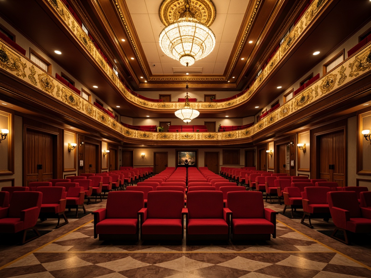 Prompt: Elegant auditorium, plush red velvet seats, golden ornate details, intricate carvings, grandiose chandeliers, high ceilings, marble floors, ornamental moldings, neoclassical architecture, subtle lighting, dramatic spotlights, symmetrical composition, central focal point, luxurious textiles, rich wood tones, sophisticated ambiance, formal atmosphere, 1/1 composition, shallow depth of field, warm golden lighting.